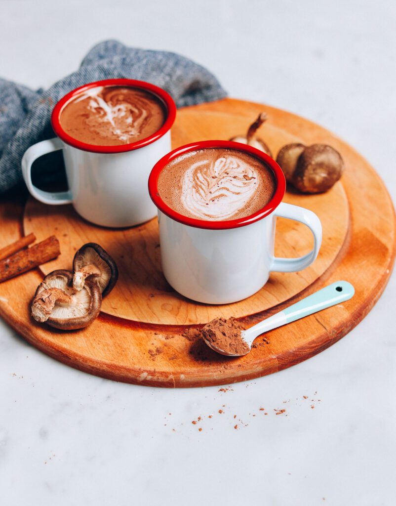AMAZING Mushroom Latte 2 Ways One with coffee one with cacao. Delicious warming 6 ingredient drinks with health benefits vegan glutenfree recipe coffee mushroom chocolate minimalistbaker 10