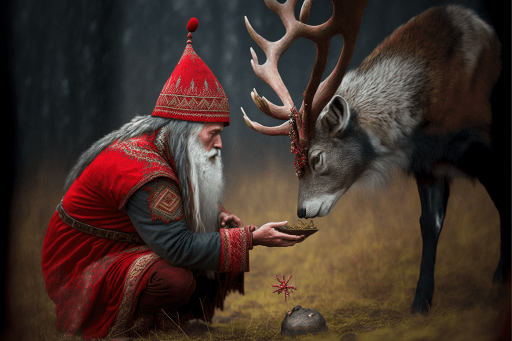 Siberian Shaman feeding fly agaric mushroom