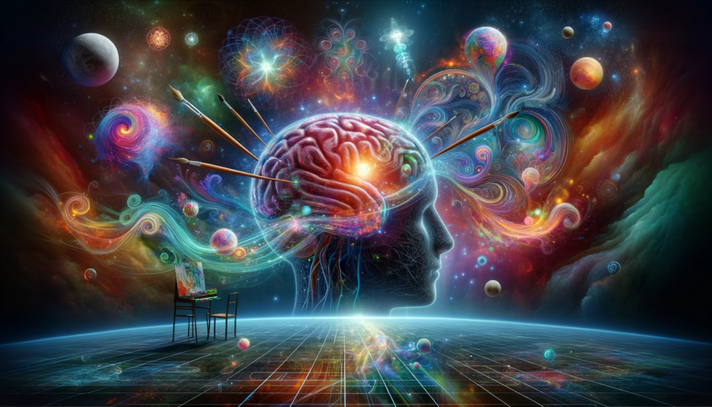 HEMPEARTH - Ways Psychedelics Impact Creative Thinking 3 DALL·E 2023 12 28 14.35.49 A highly detailed and ultra realistic depiction of The Creative Spark of Psychedelics. The scene features a human brain illuminated with a kaleidosc 1024x585 1