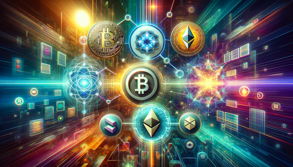 A futuristic digital collage showcasing the intersection of various blockchain technologies. The image features prominent symbols or logos for Solana