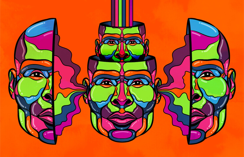 HEMPEARTH- The benefits Of LSD for creativity 5 abstract rainbow colors trippy design with human head