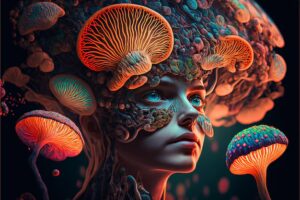 woman with colorful face mushroom her head 72482 6457